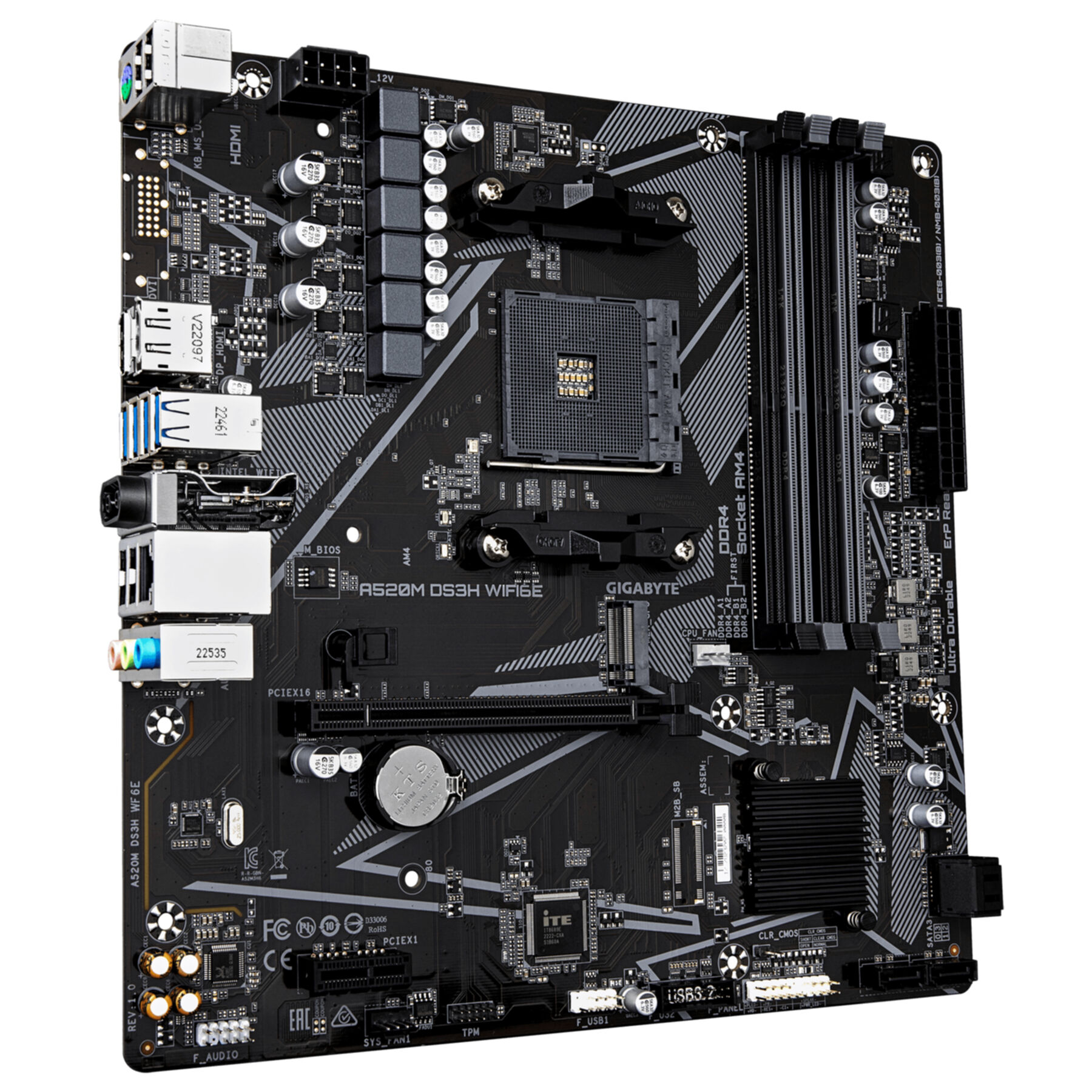 Een zwart Gigabyte A520M DS3H WIFI6E moederbord met poorten en slots.