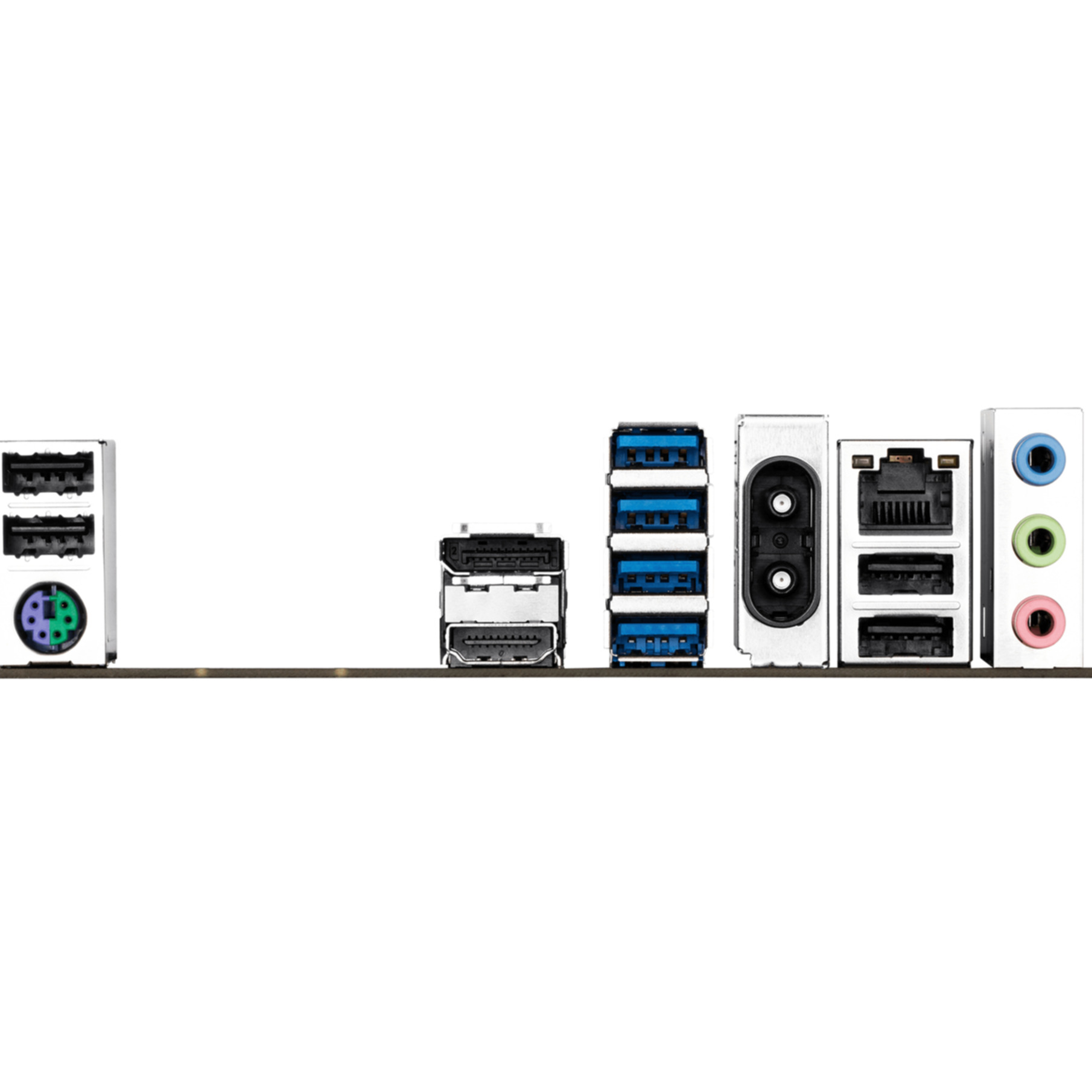 Achterpaneel met diverse poorten: PS/2, USB, HDMI, Ethernet, audio-aansluitingen.