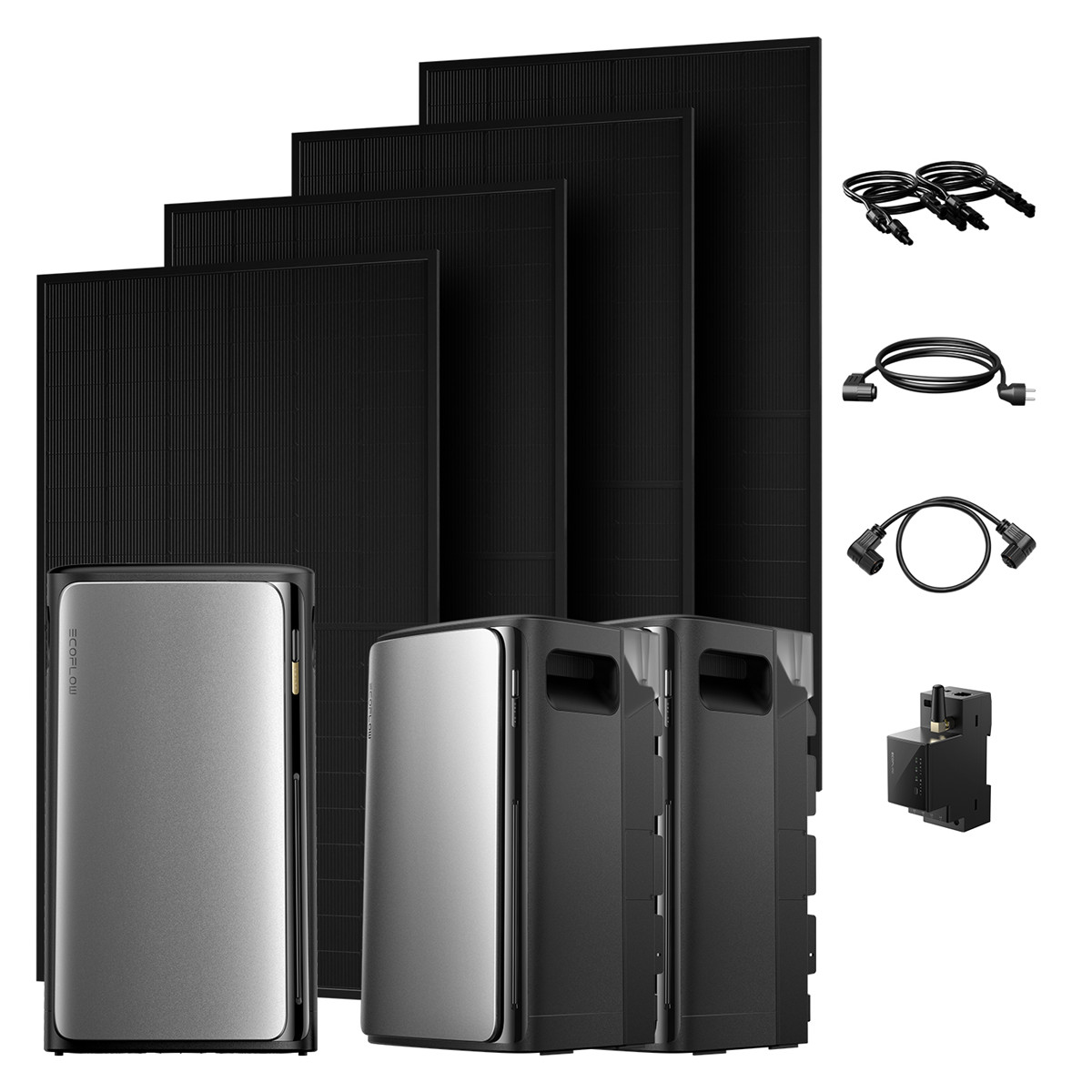 Schwarze Solarmodule, eine silberne und zwei schwarze Einheiten, Kabel und ein schwarzer Kasten.