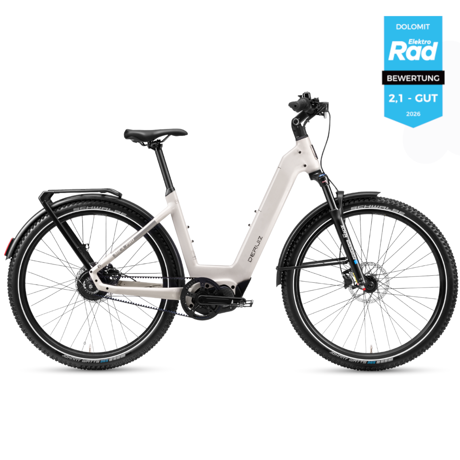 Ein weißes E-Bike mit Gepäckträger, Scheibenbremsen und Federgabel.