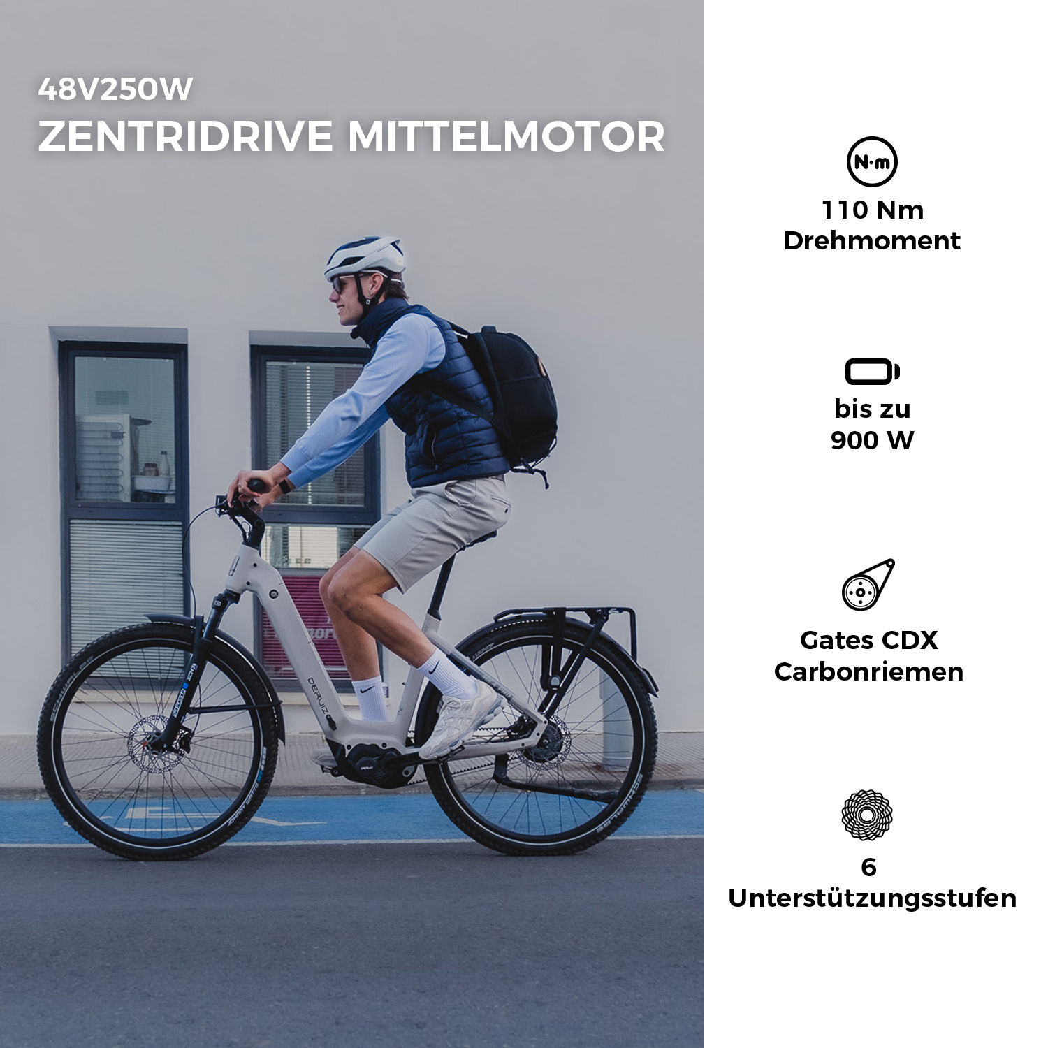 Mann fährt E-Bike mit 110 Nm Drehmoment, 900W, Gates Carbonriemen, 6 Stufen.