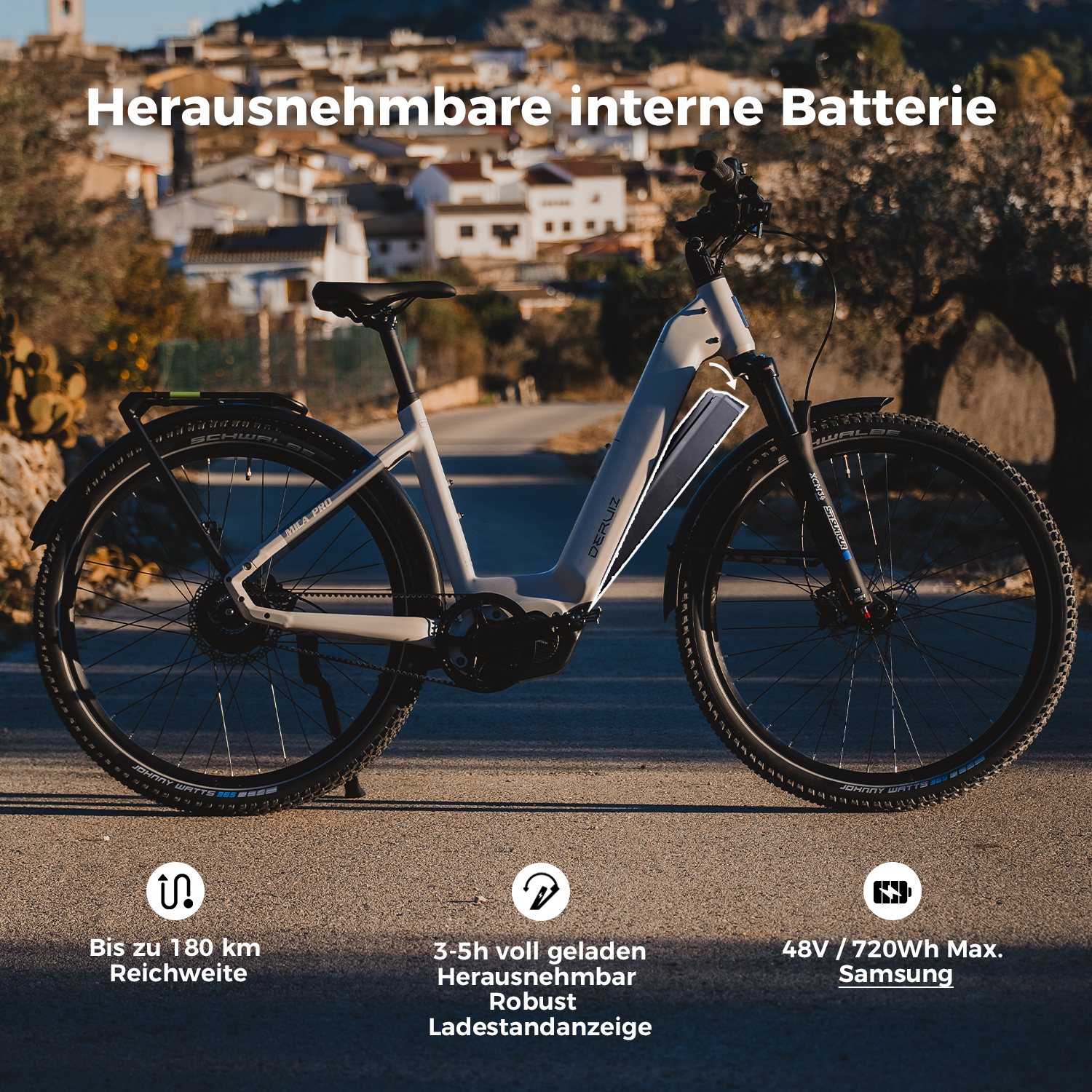 Ein graues E-Bike steht auf einer Straße vor einer Stadtansicht. Die Batterie ist herausnehmbar.