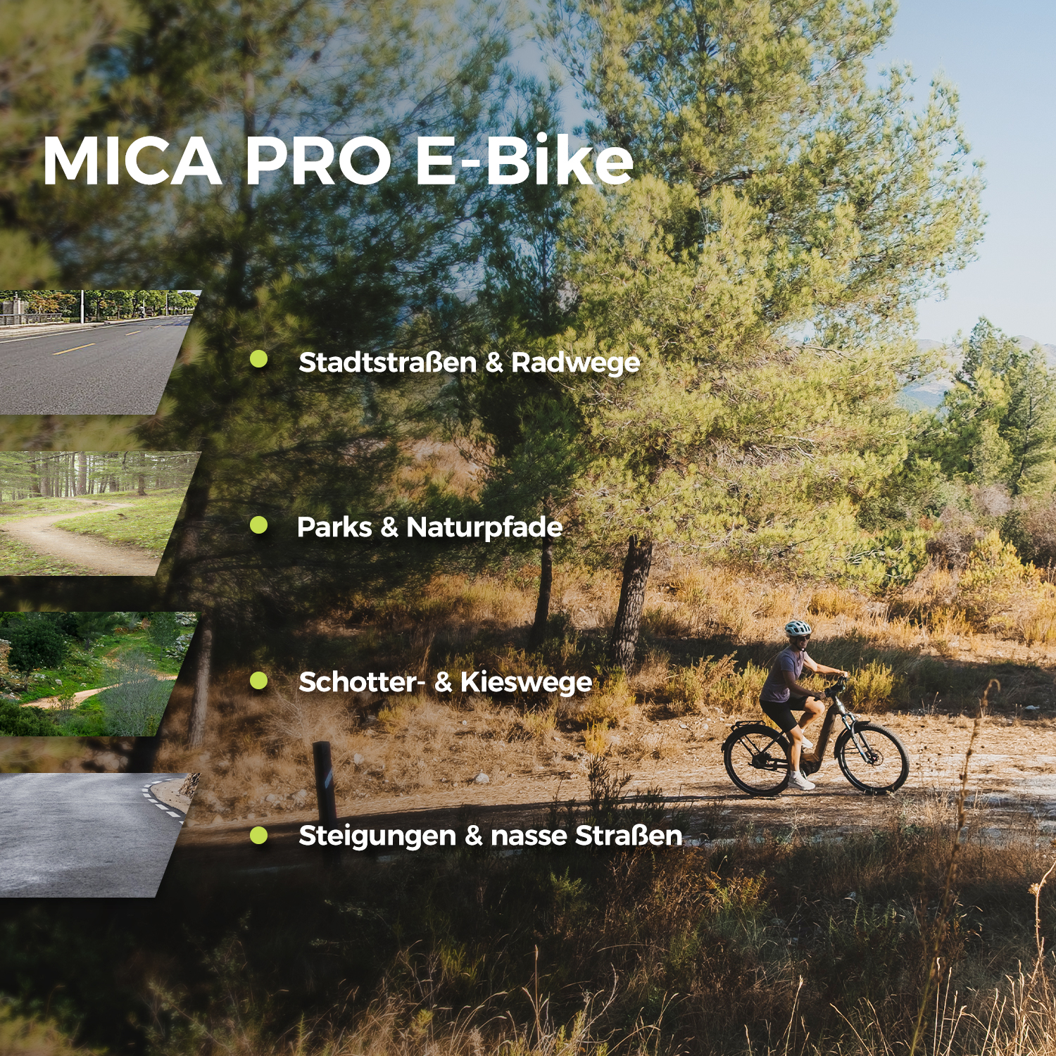 Mica Pro E-Bike auf verschiedenen Wegen: Stadt, Park, Schotter, nass.