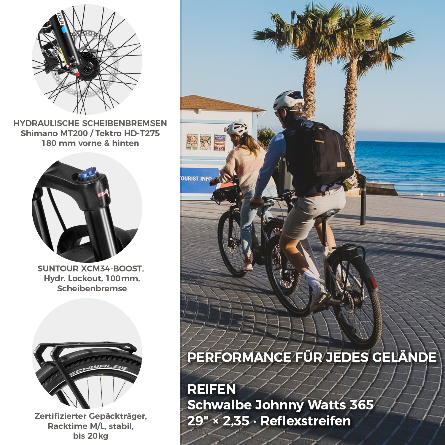 Zwei Personen fahren Fahrrad am Meer mit Palmen und einem Gebäude im Hintergrund.