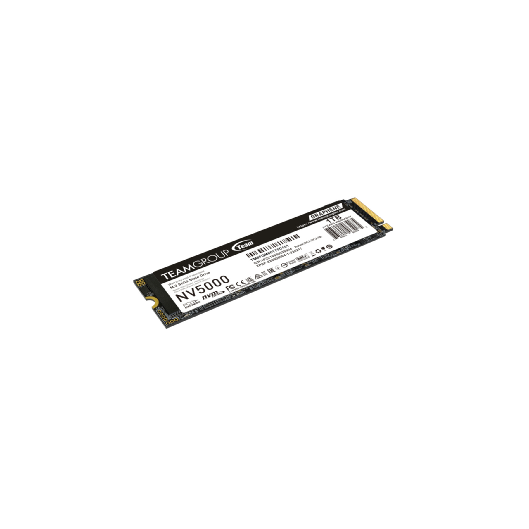 SSD M.2 NVMe Teamgroup NV5000 de 1TB con disipador de grafeno sobre fondo blanco.