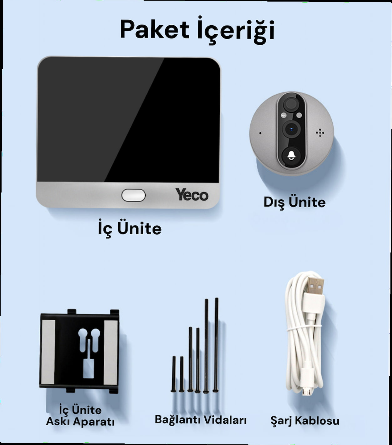 Paket içeriği: İç ünite, dış ünite, askı aparatı, vidalar, şarj kablosu.