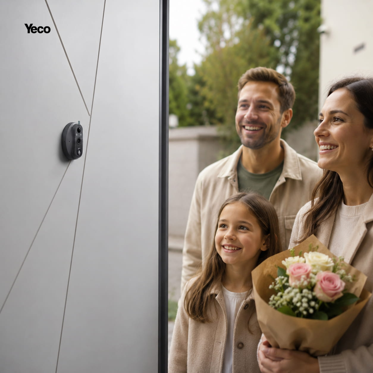 Bir aile modern kapıdaki akıllı kapı zilini gülümseyerek izliyor. Bir kız çiçek tutuyor.