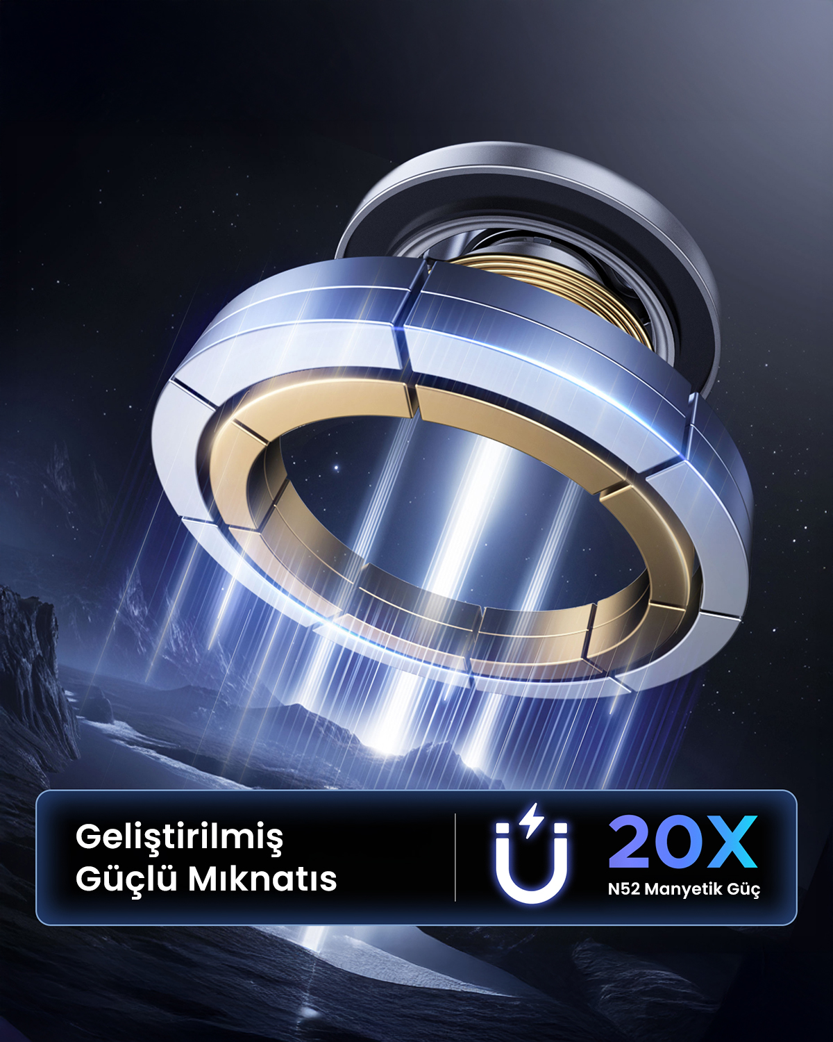 Altın ve mavi öğeli soyut halka, dağlık bir manzara üzerinde parlıyor.