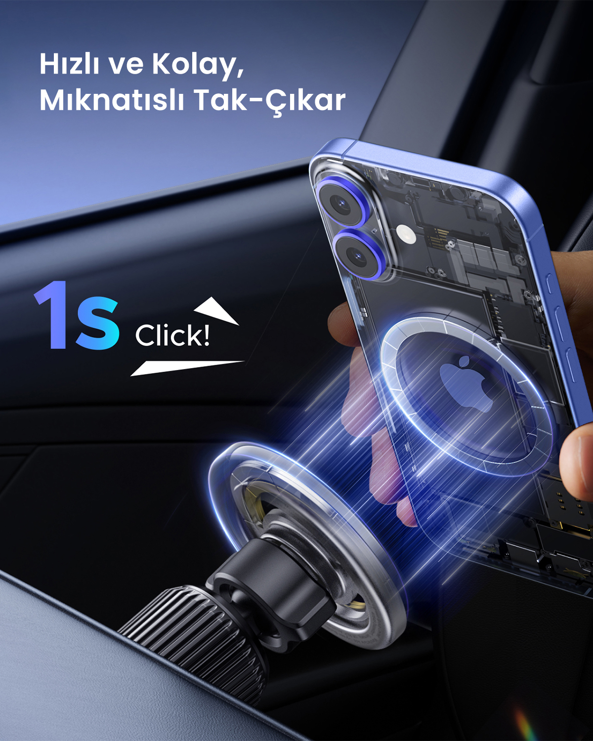 Şeffaf kılıflı mavi telefon bir aparata manyetik olarak takılır. 1s tık!