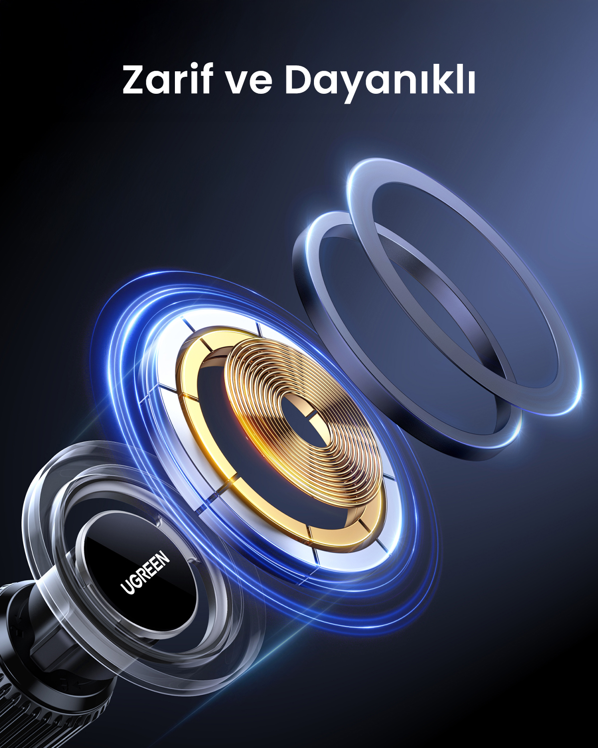 UGREEN logosu ve mavi ışık halkaları olan altın rengi bobinin yakın çekimi.