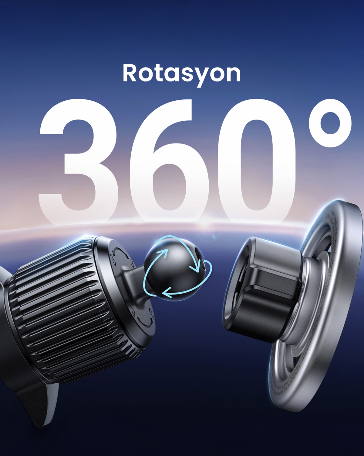 360 Rotasyon: Manyetik siyah araç tutucu, bilyeli mafsallı, mavi oklar dönüşü gösteriyor.