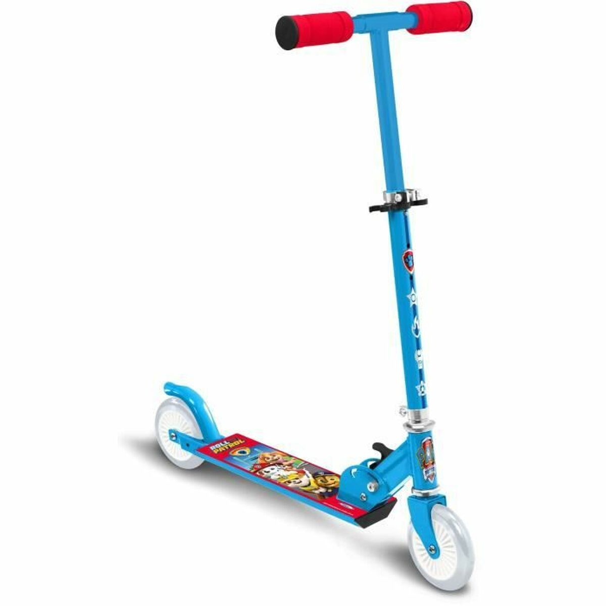 A blue scooter with red handles and Paw Patrol graphics on the deck.