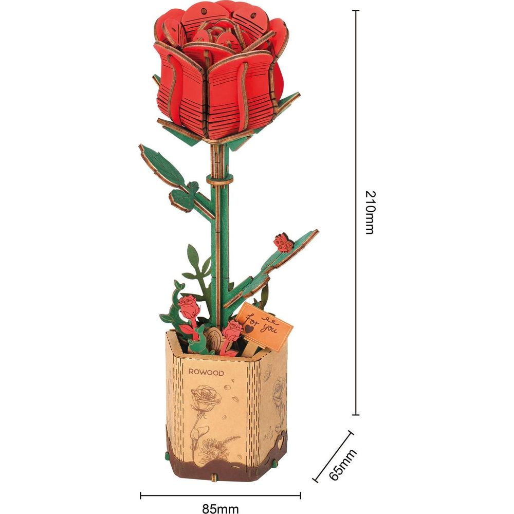 Een houten model van een rode roos met groene bladeren in een houten pot. Afmetingen worden getoond.