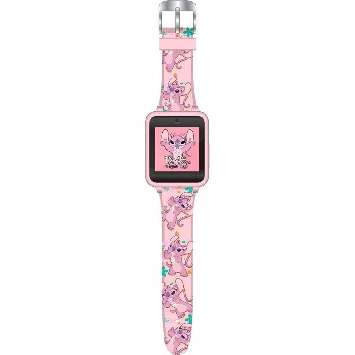 Un reloj inteligente rosa con personajes de Stitch y pantalla digital.