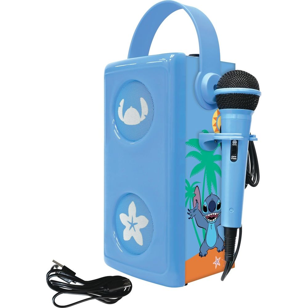 Une machine karaoké bleu clair avec Stitch, un microphone et un câble.