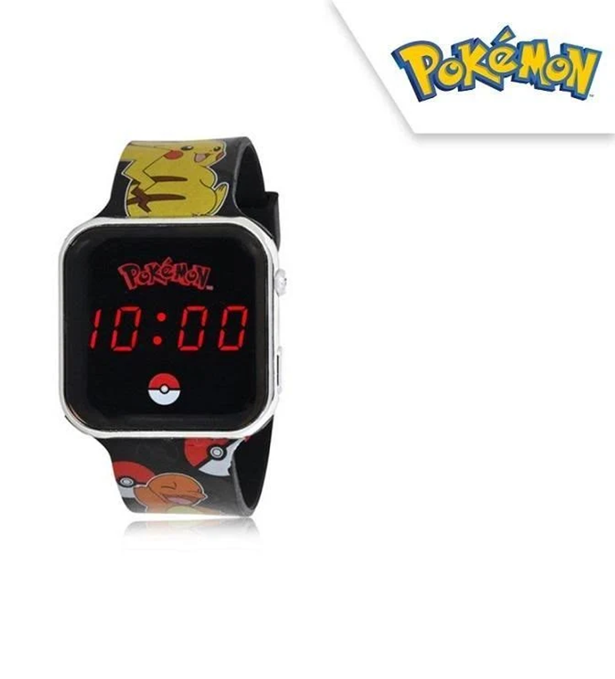 Un reloj digital con tema de Pokémon y pantalla digital roja.