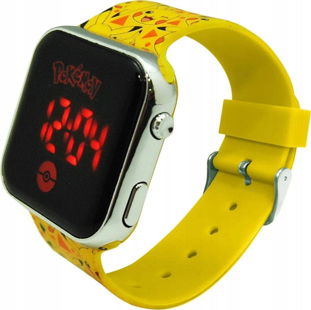 Una correa de reloj digital amarilla con personajes de Pokémon. La pantalla muestra 'Pokemon' y 12:04.