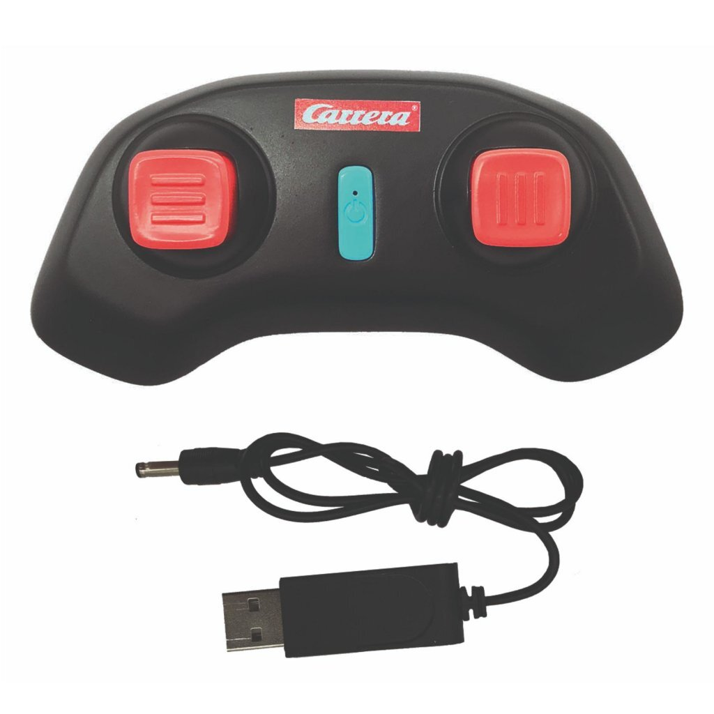 Mando negro Carrera con botones rojos y botón de encendido azul, con cable de carga USB.