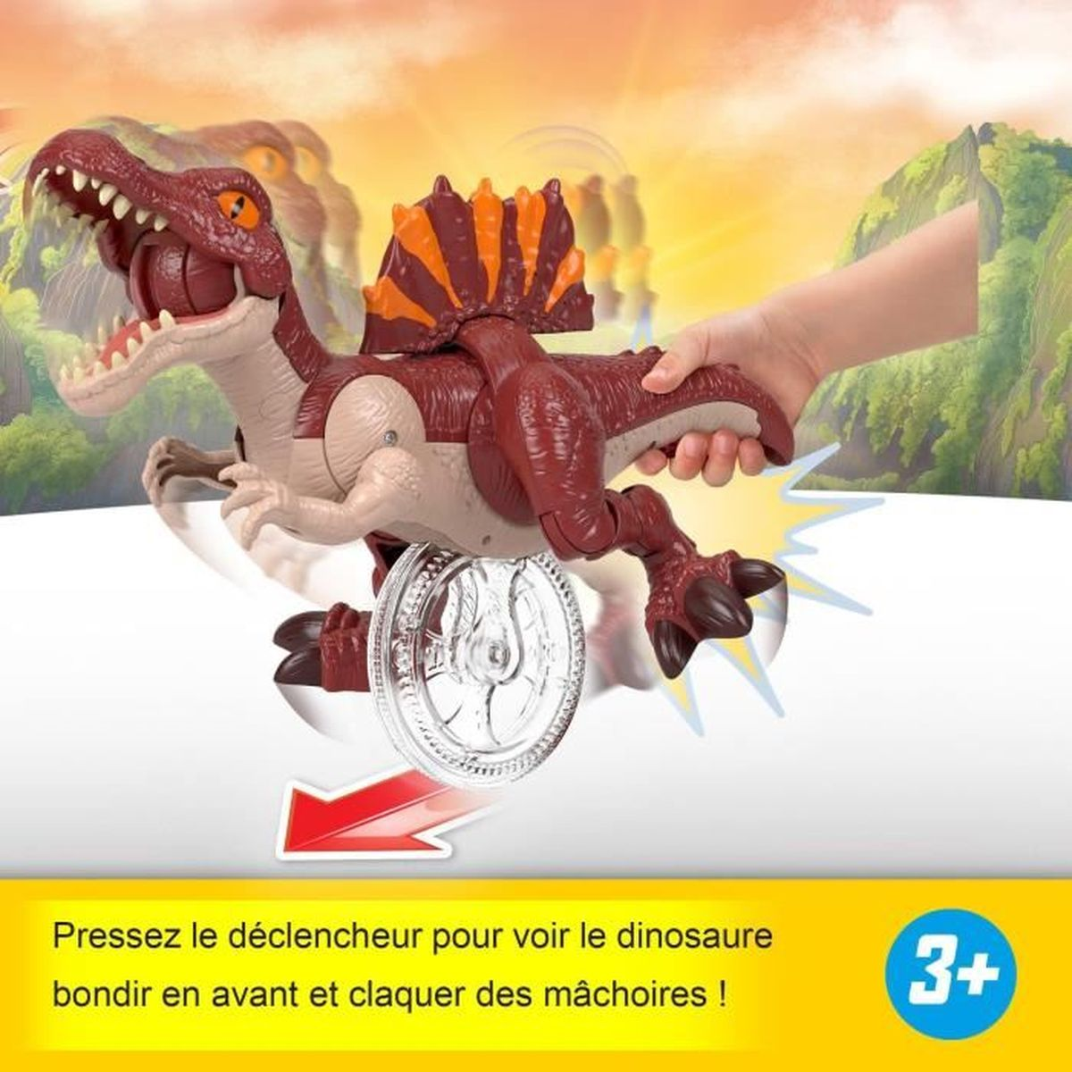 Ein rotes Spielzeug-Dinosaurier mit Rädern, gehalten von einer Hand.