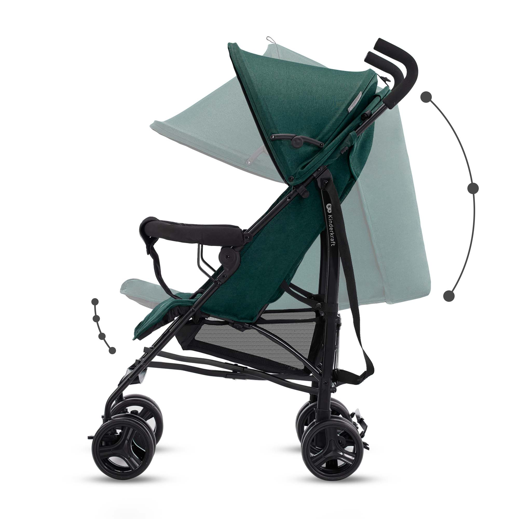 Ein grüner Kinderwagen mit ausklappbarem Verdeck und schwarzem Rahmen.