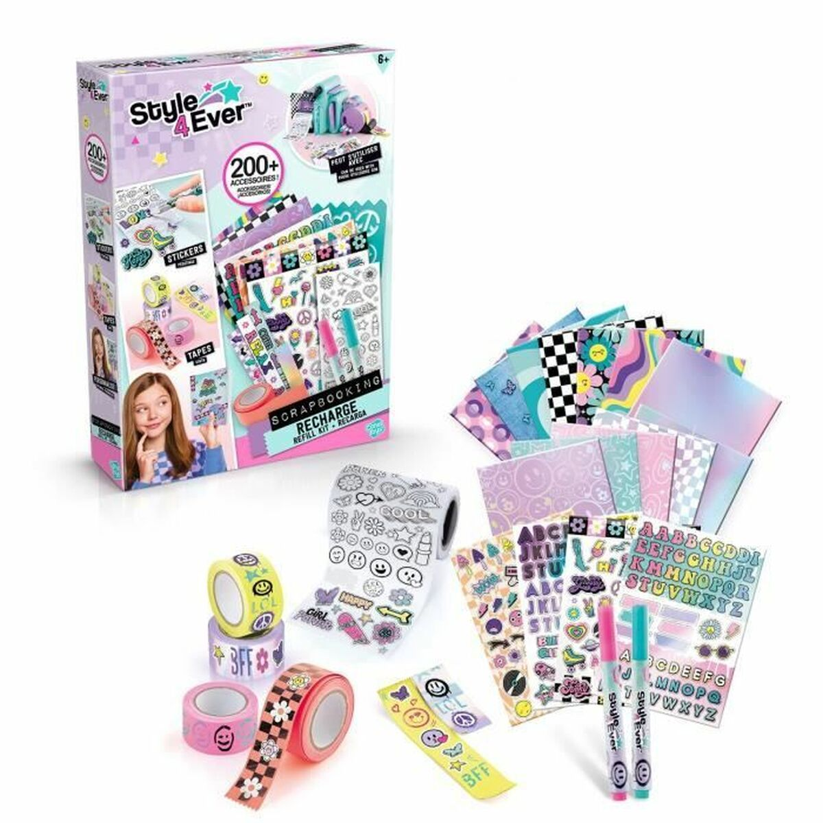 Un kit de manualidades con cintas, pegatinas y papeles en tonos pastel.