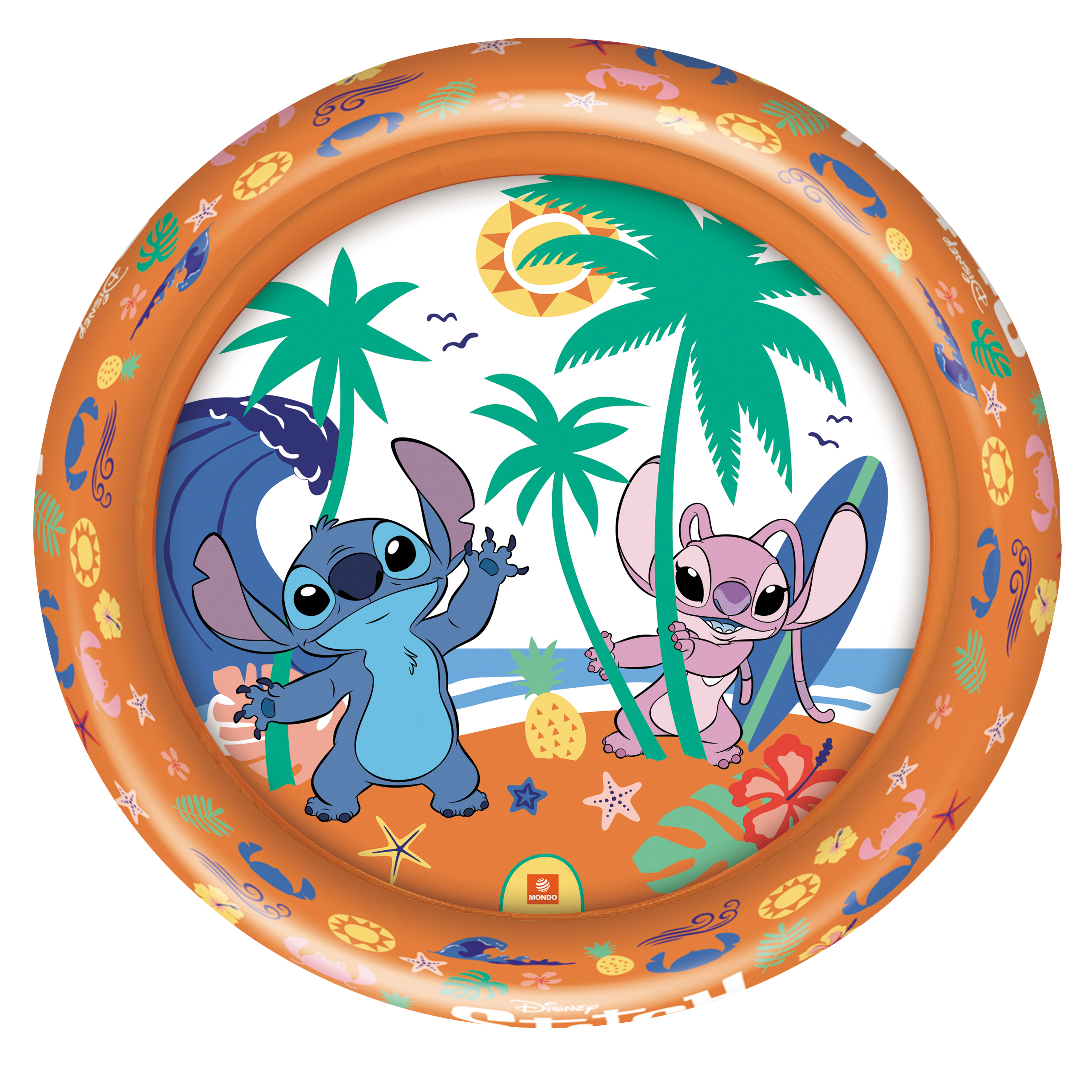 Stitch y Angel en una playa con palmeras, olas y tabla de surf en borde naranja.