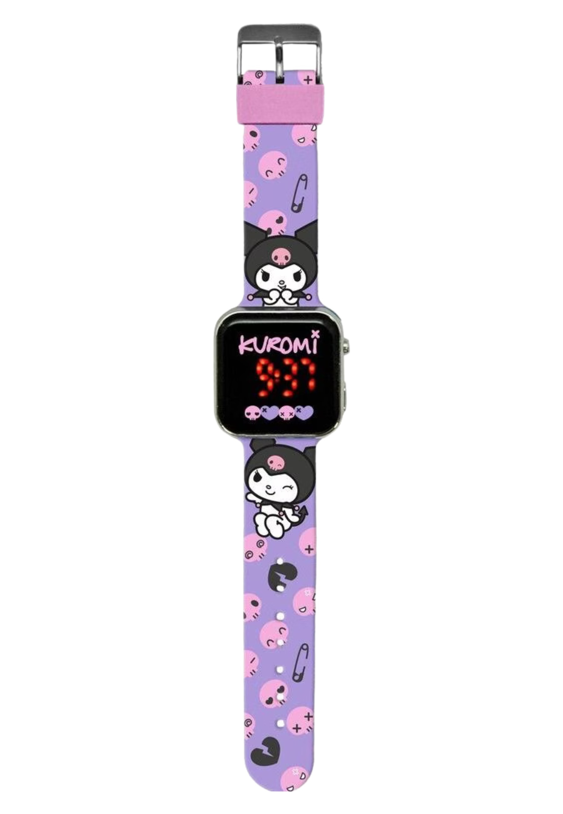 Eine lila Digitaluhr mit Kuromi-Figur und Totenkopfmuster.