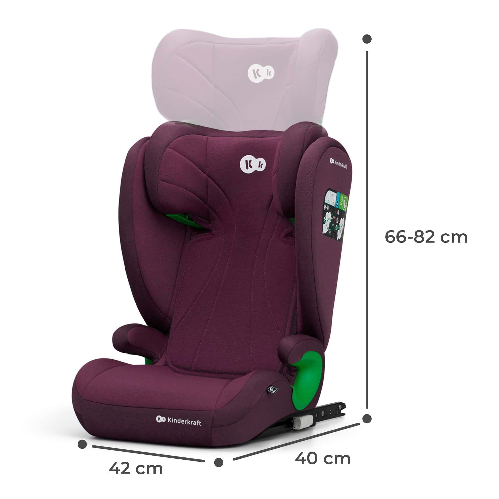 Asiento de coche morado oscuro con reposacabezas ajustable y detalles verdes.