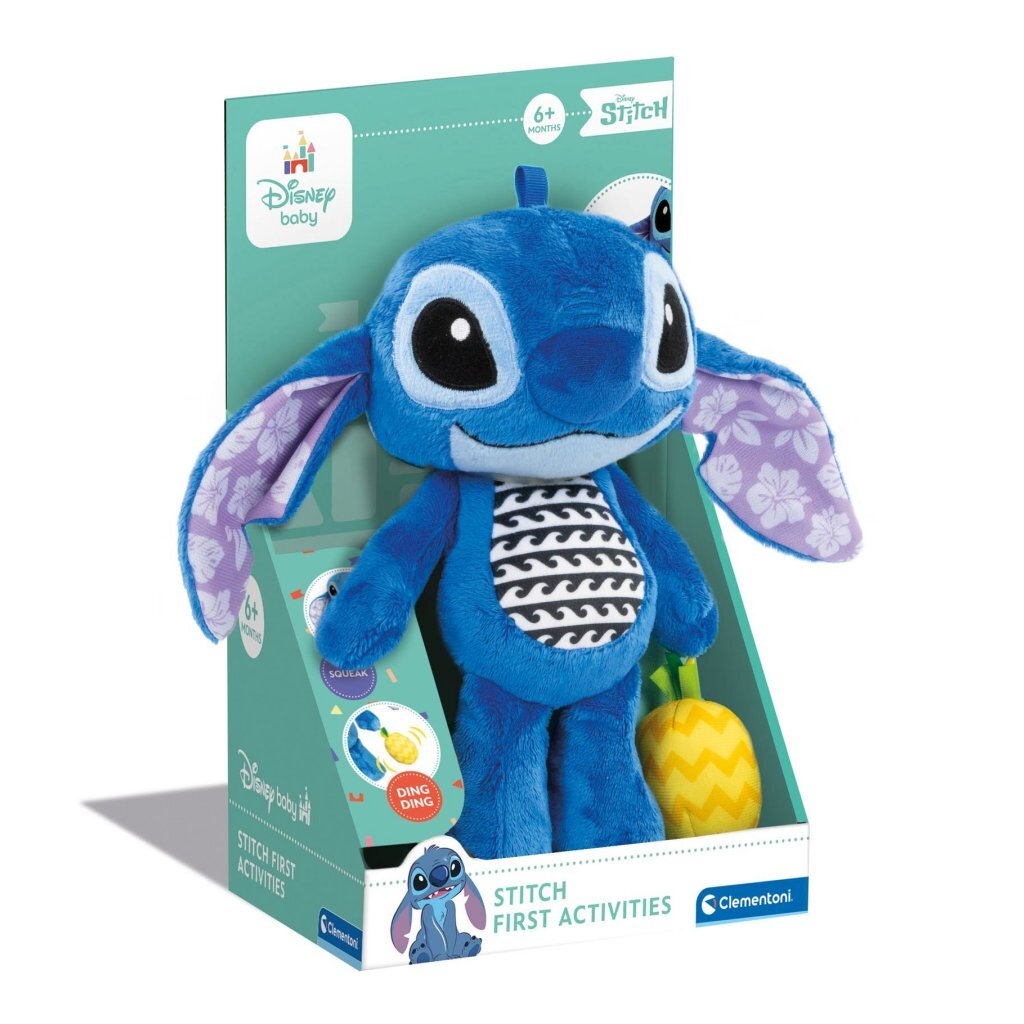 Peluche azul de Stitch con accesorio de piña en caja. Parte superior a rayas.
