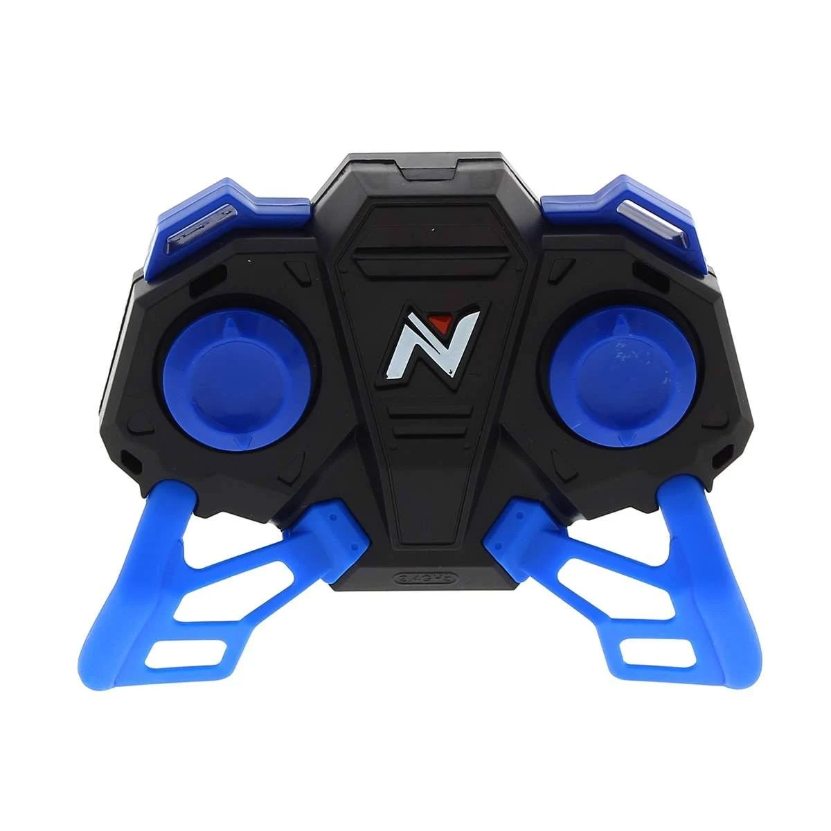 Controlador remoto negro y azul con dos joysticks y agarres azules.