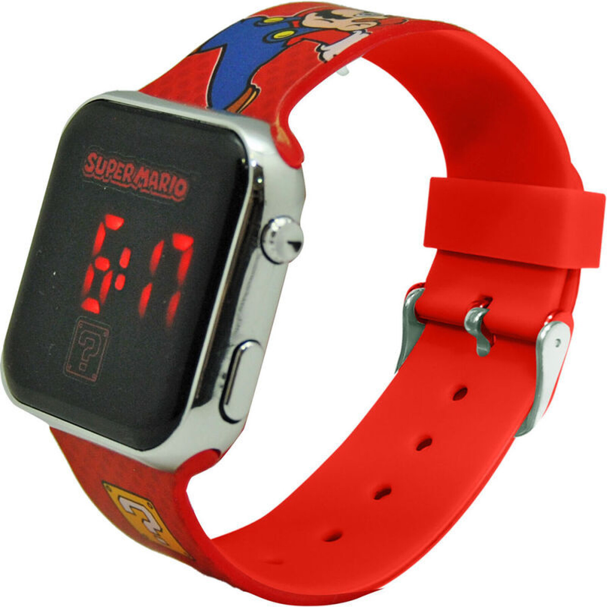 Orologio digitale rosso con grafica Super Mario e cinturino rosso. Ora 6:17.
