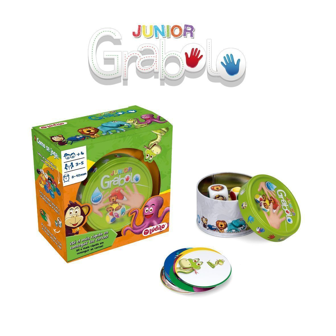 Scatola del gioco Junior Grabolo e accessori, con animali e mani.
