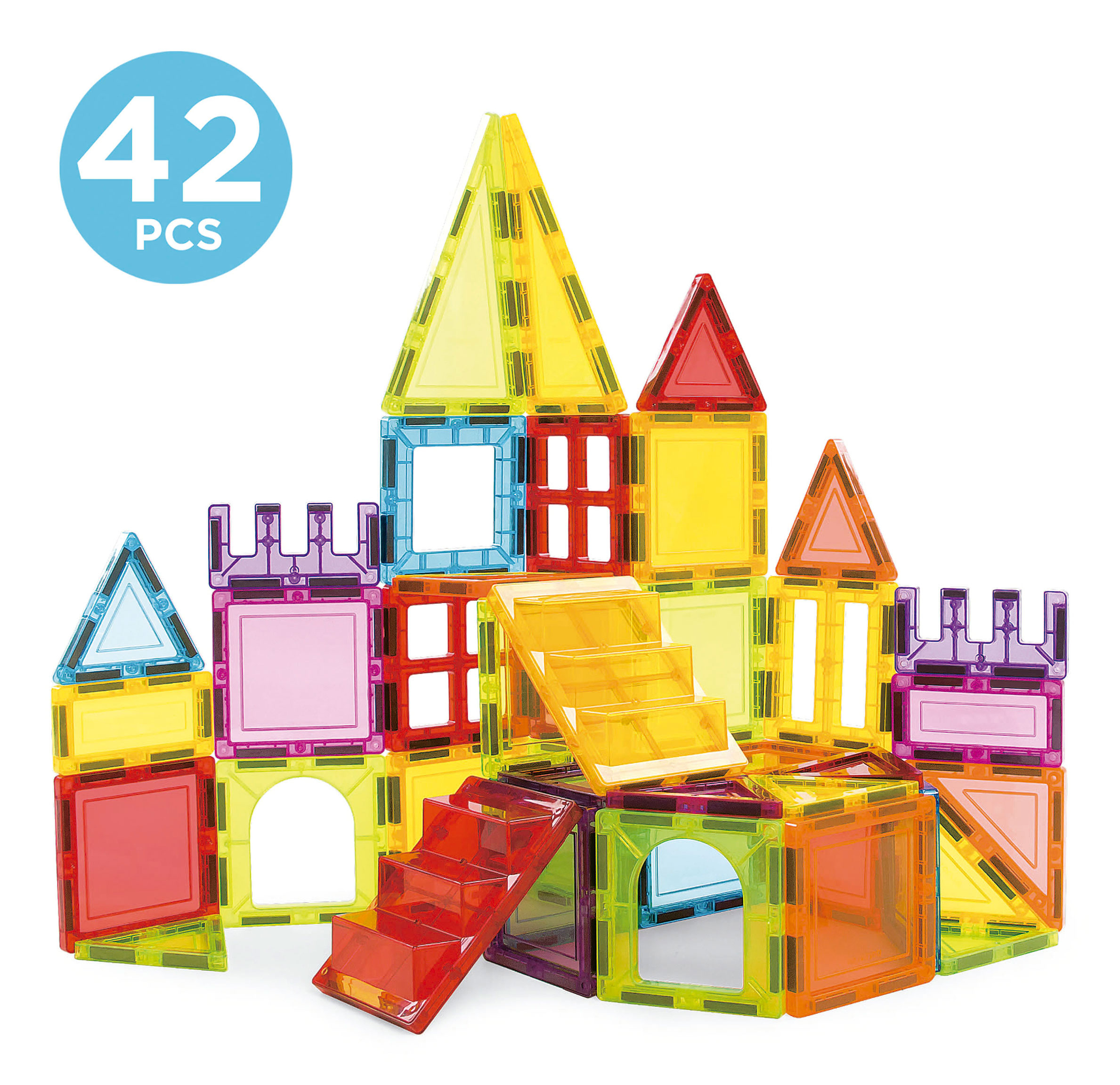 Ein farbenfrohes Schloss aus magnetischen Bausteinen mit 42 Teilen.