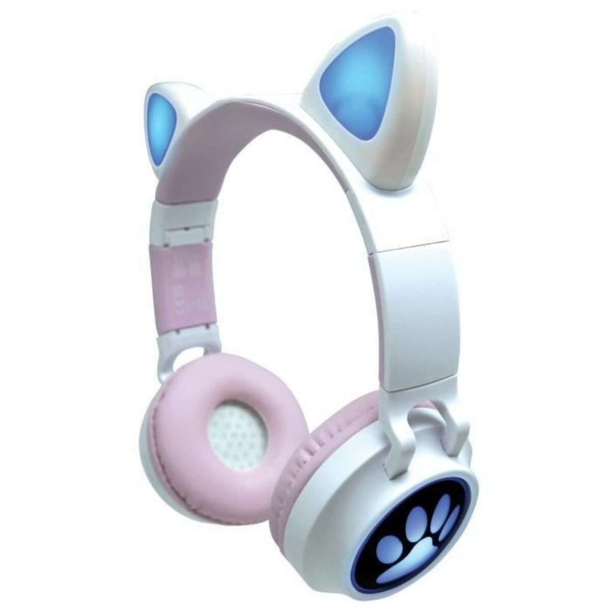 Cuffie bianche e rosa con orecchie da gatto, impronte blu e luci.