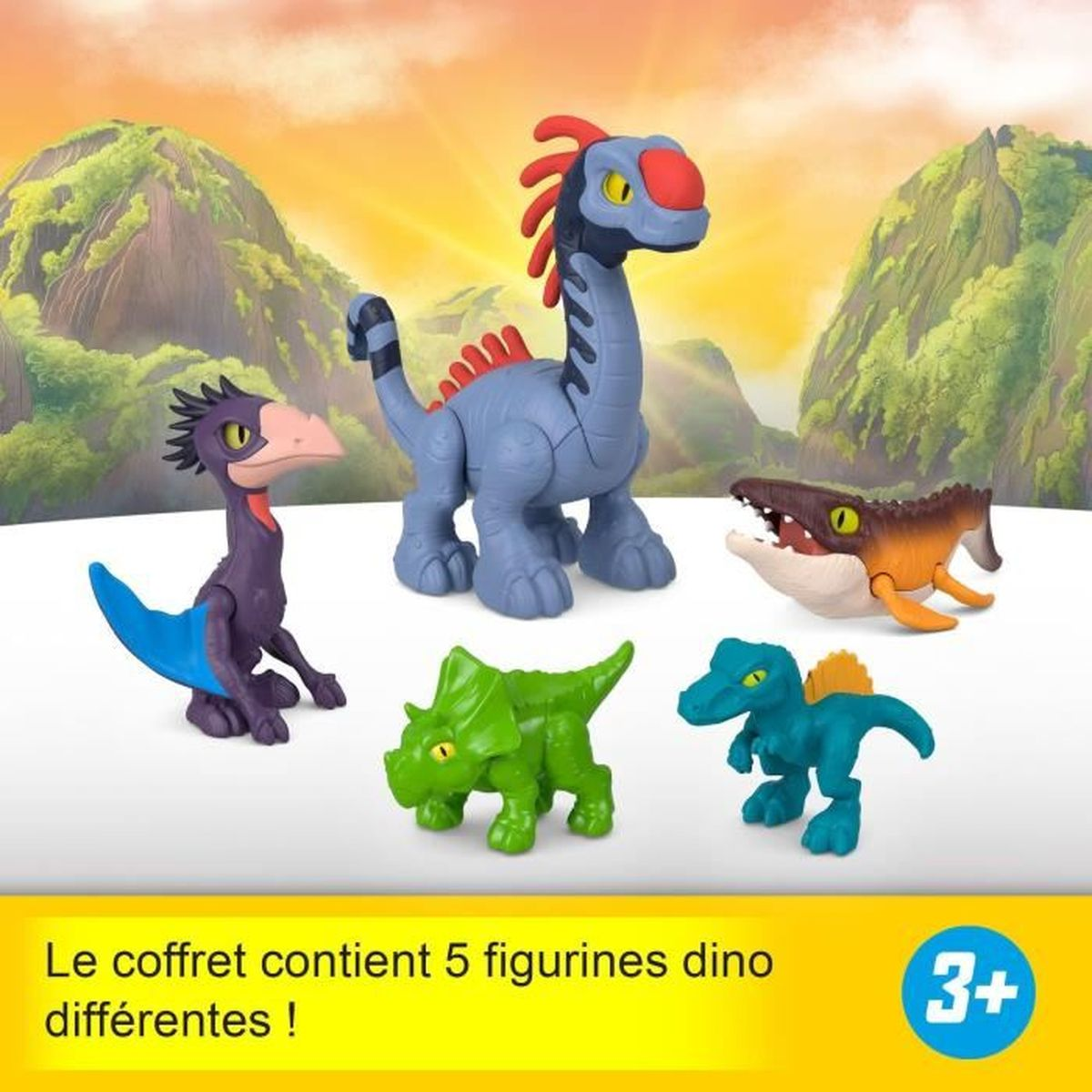 Cinco figuras de juguete de dinosaurios frente a un paisaje de montañas y cielo amarillo.