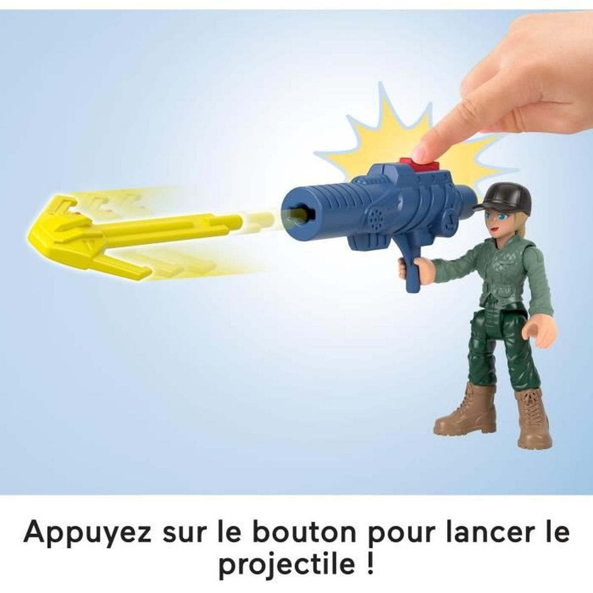Una figura presiona un botón rojo en un arma azul, disparando un proyectil amarillo.
