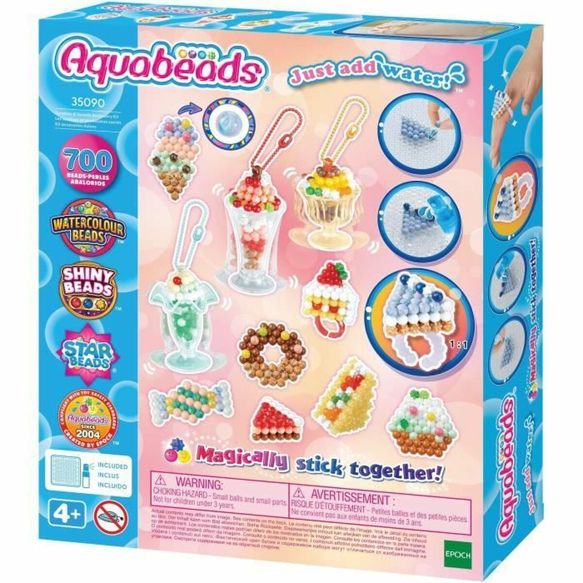 Kit de manualidades Aquabeads con cuentas coloridas que forman dulces diseños como helados y pasteles.