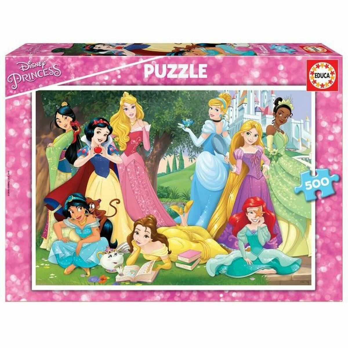 Disney Prinzessinnen-Puzzle mit 9 Prinzessinnen, darunter Schneewittchen und Aschenputtel.