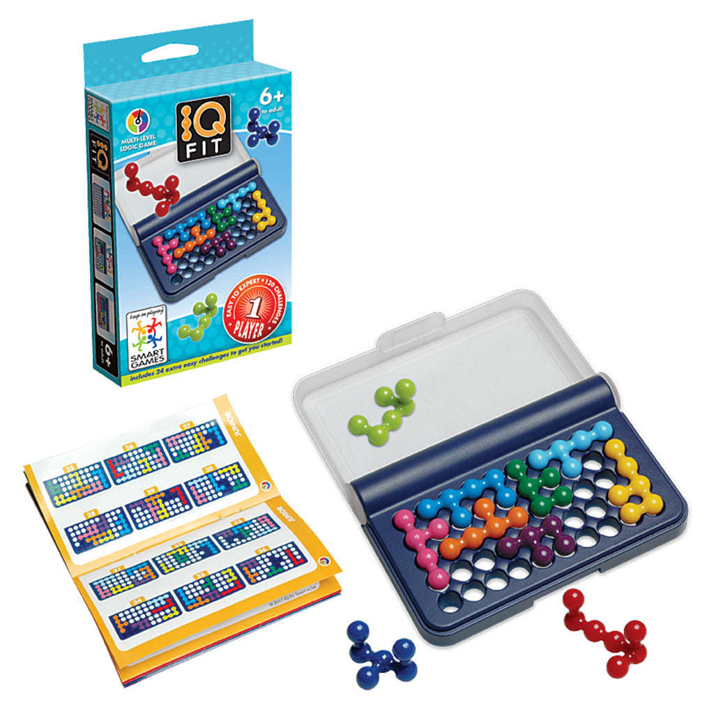 IQ FIT Logikspiel mit bunten Teilen und Spielbrett, Anleitung und Verpackung.
