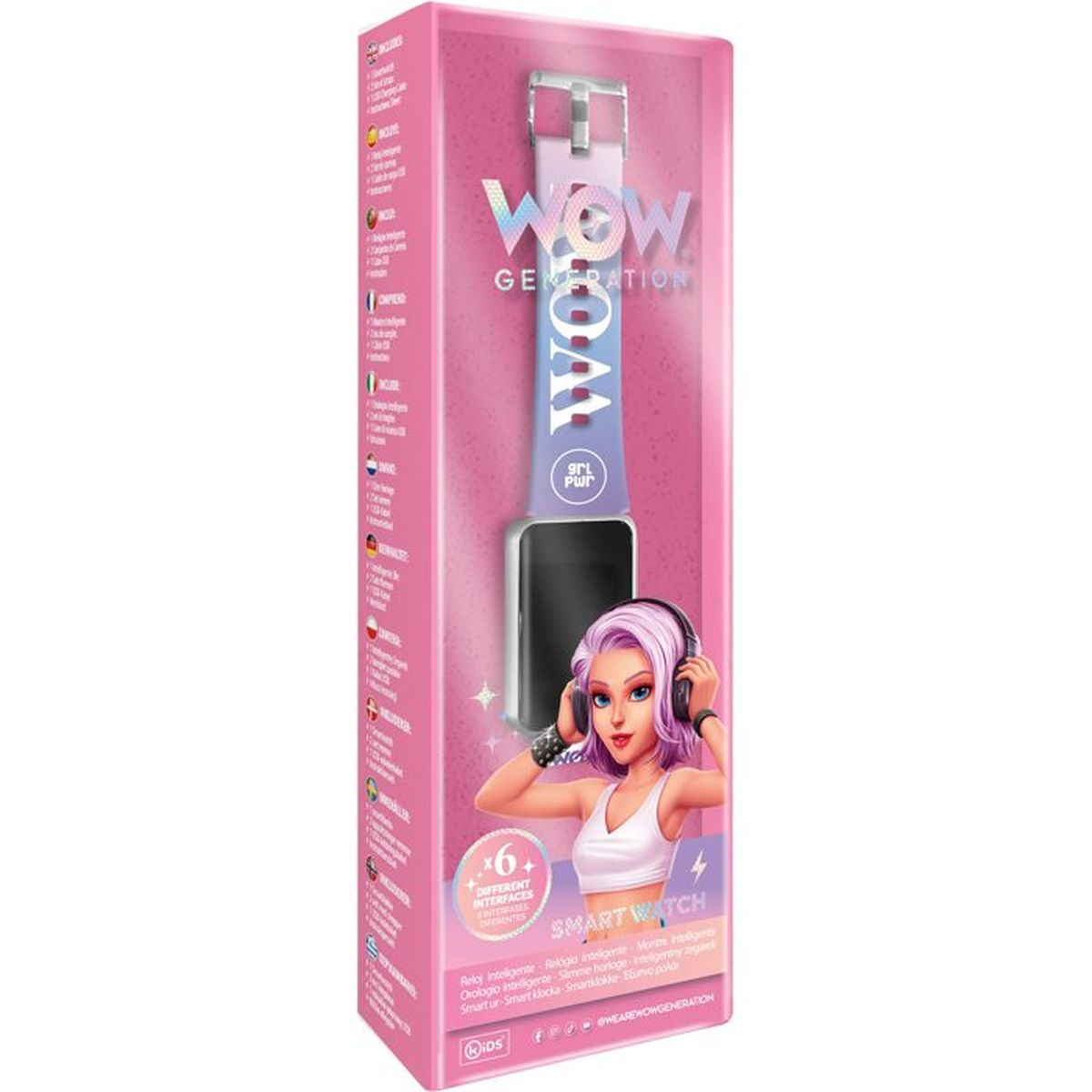 Smartwatch packaging featuring an anime-style girl and "WOW GENERATION" branding.