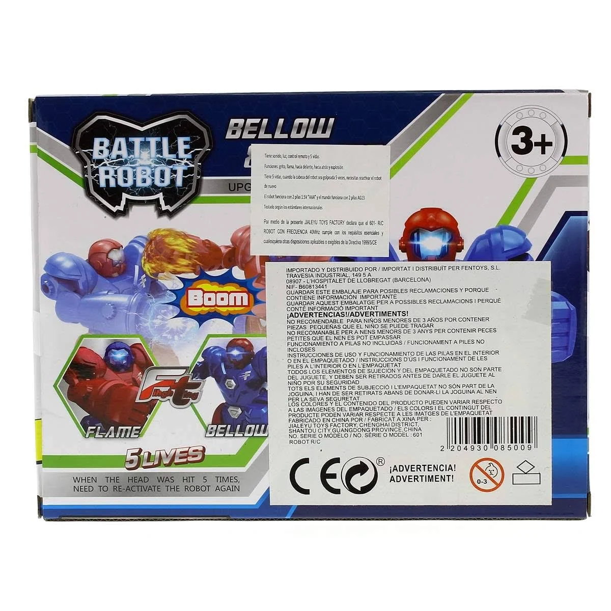 Embalaje de un robot de batalla con texto "Battle Robot", "Boom" y "5 Lives".