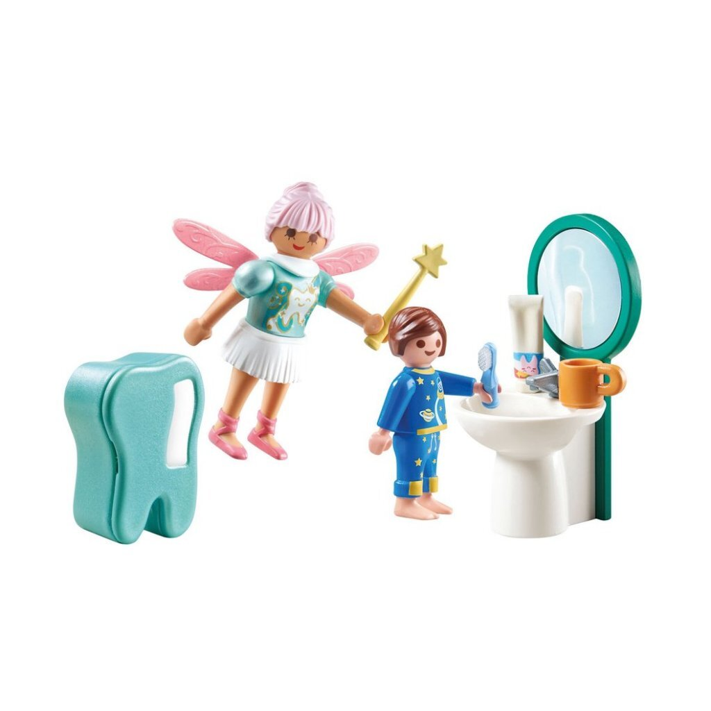Un juguete de hada con un niño en un lavabo y un objeto dental.