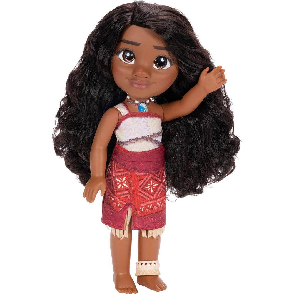Una muñeca con pelo largo y negro, piel morena y falda roja.