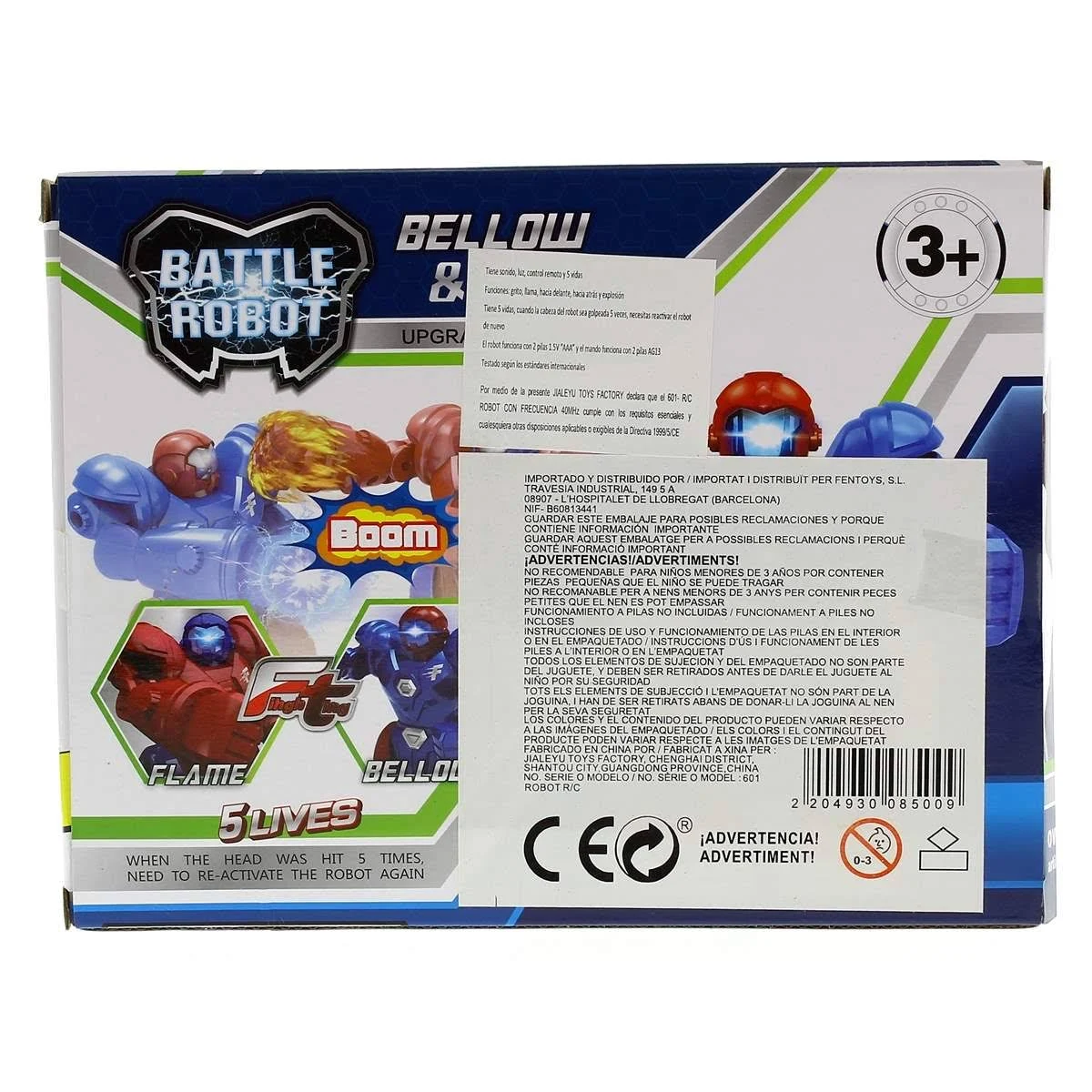 Caja de robots de batalla azules y rojos, con texto y clasificación por edad.