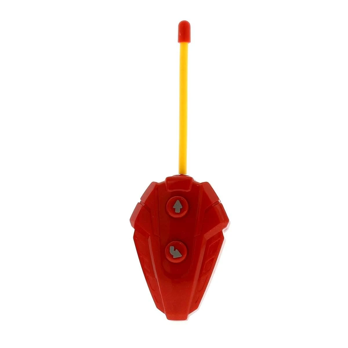 Un control remoto rojo con antena amarilla sobre fondo blanco.