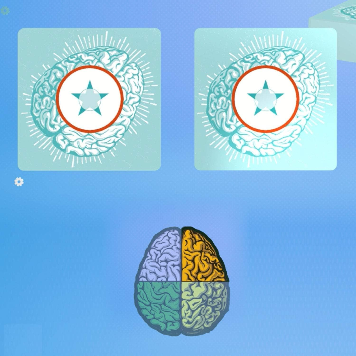 Dos íconos de cerebro con estrellas, un cerebro multicolor abajo.
