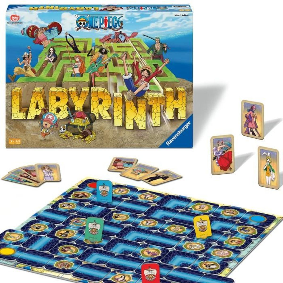 Caja y tablero del juego de mesa One Piece Labyrinth con cartas y fichas de personajes sobre fondo blanco.