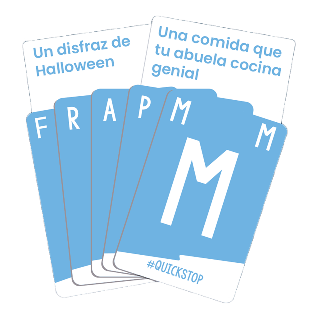 Tarjetas con texto en español 'Un disfraz de Halloween' y 'Una comida que tu abuela cocina genial'.