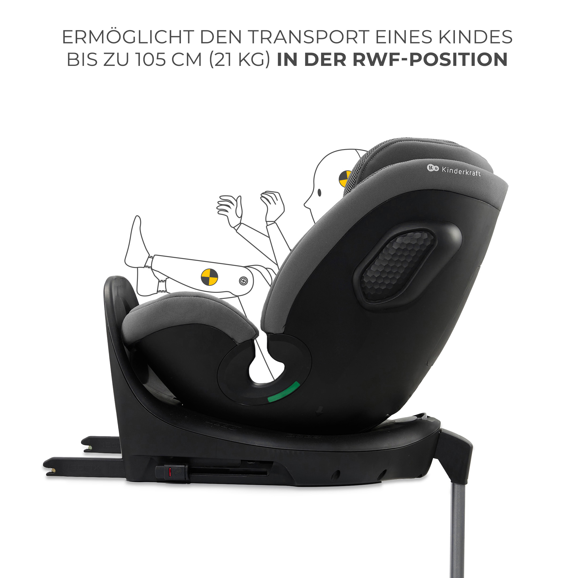 Asiento infantil gris con base negra e ilustración esquemática de niño.
