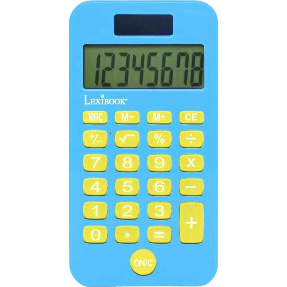 Blauer Taschenrechner mit gelben Tasten und einem Display, das 12345678 anzeigt.